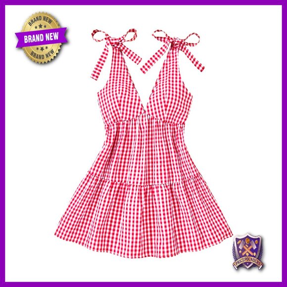 Plaid Tie Shoulder Mini Dress Ruffle Hem Deep V Neck Sleeveless Y2K